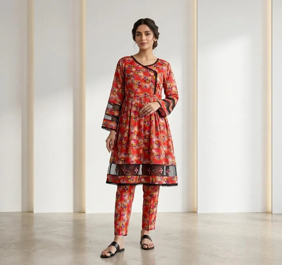Multicolor Lawn Printed Frock & Trouser Set