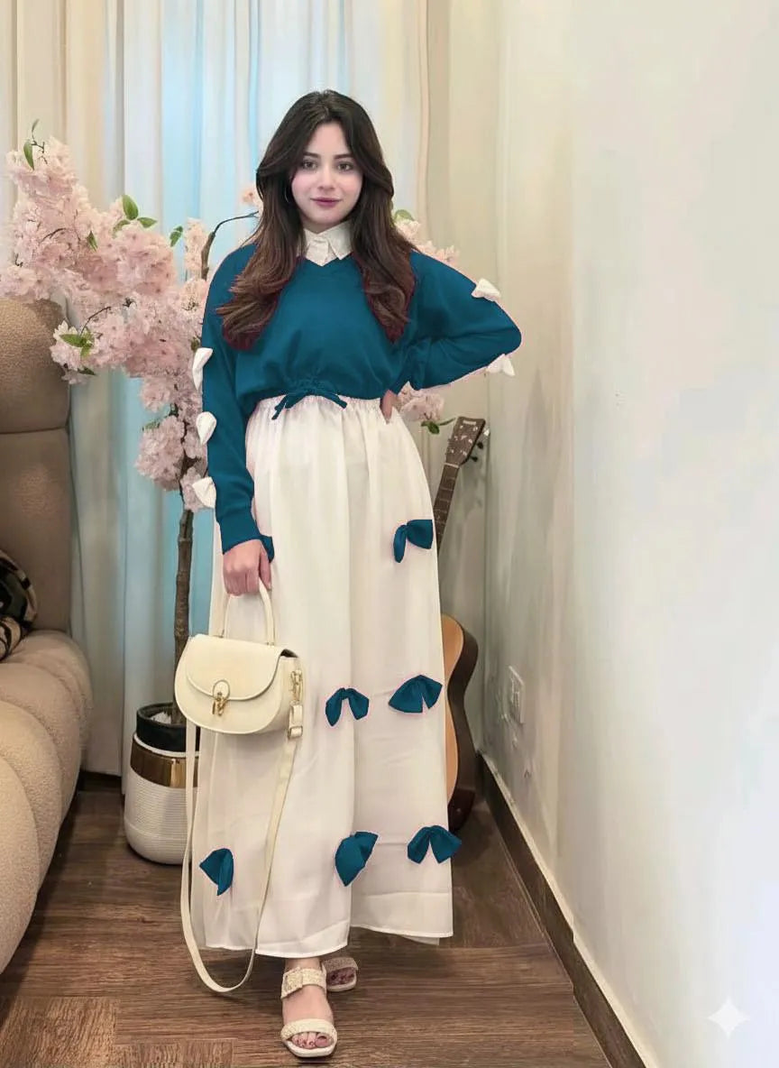 Georgette Bow Stitched Maxi Set Teal White